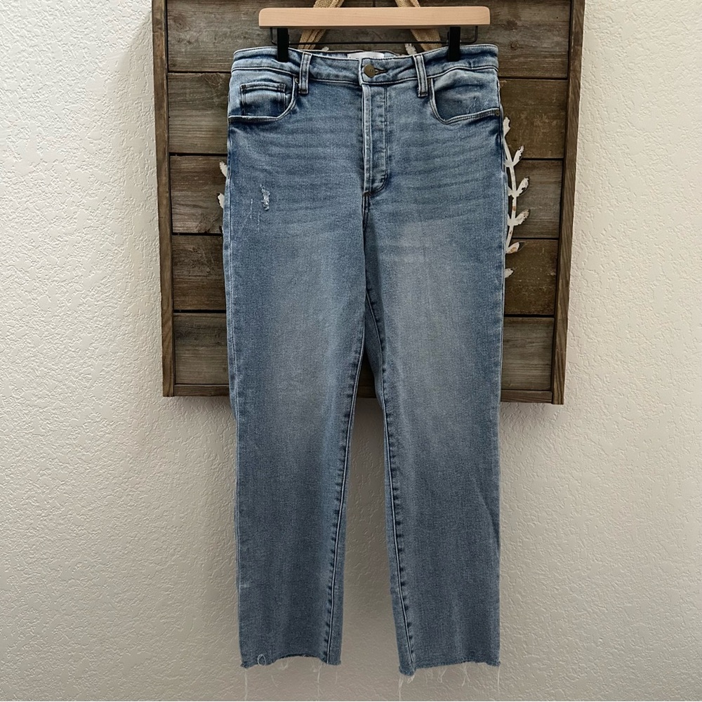 Evereve The Ever Straight‎ Blue Stretchy Denim Jeans Classic Fit Raw Hem size 30